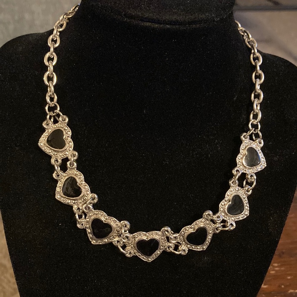 Black onyx heart choker silvertone